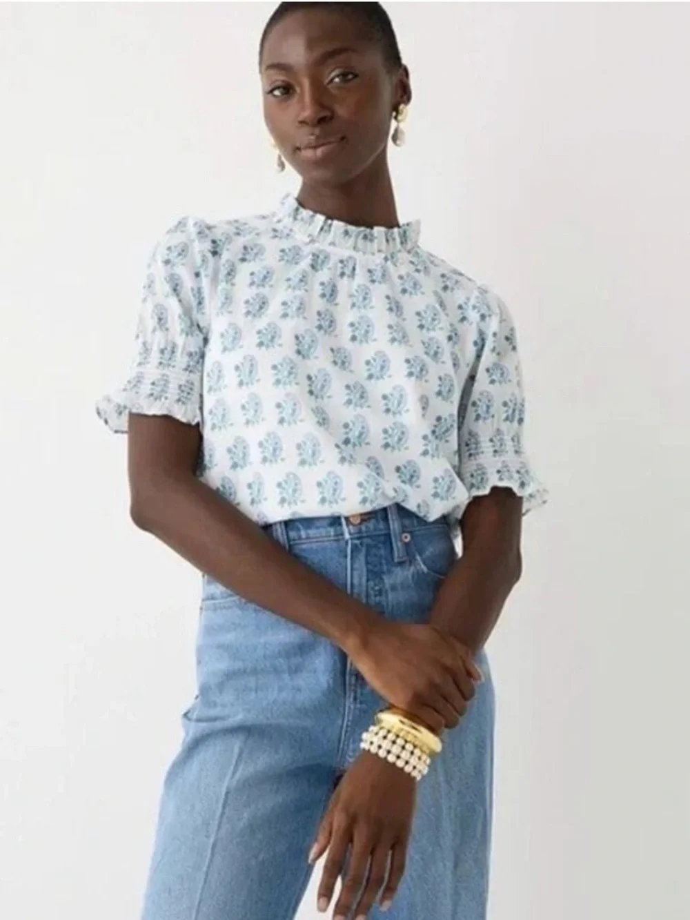 SZ Blockprints X J. Crew Smocked Puff Sleeve Top in Blue Paisley M Medium Cotton
